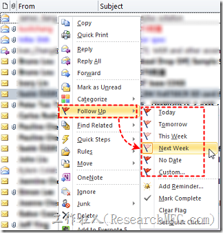 Outlook无法即时处理的邮件则使用「标帜」来标示其重要度或需要处理的时效（今天、明天、本週、下週完成）