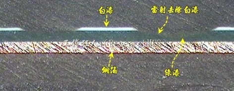 雷射雕刻最主要是去除电路板上的防焊绿漆或是丝印白漆并形成烧焦痕迹，所以在使用雷射雕刻的时候必须特别留意其能量不可以伤到防焊绿漆或是丝印白漆下面的铜箔，最好连铜箔都不要露出来