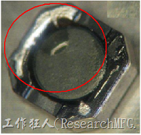 使用锡(Sn)镀层的电源电感器(Power Inductors)，经过推力测试后，其焊点还保留在零件的端点上，所以推力比较高。 