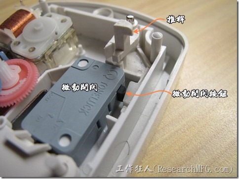 机械式定时器。「推桿」连动下压「微动开关」的按钮。