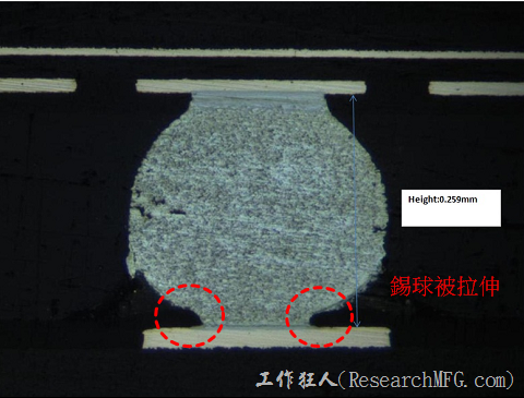 第二种BGA焊锡不良是界于HIP与正常焊锡之间的锡球，知道怎么判断那一面是PCB端了吧？从下图看来BGA锡球与PCB上的锡膏已经完全熔融在一起了，因为看不到双球，可是整个锡球却有被上下拉长且几乎断裂的迹象，观察 PCB面的焊锡也可以发现锡球与PCB焊垫接触的面积变小了，而且还出现不蟳长的角度，这是因为锡球被整个往上拉开的缘故。这种焊锡断裂应该只是早晚的问题，客户端应该使用时的振动或是开关机过程的热胀冷缩，都会加速其断裂。