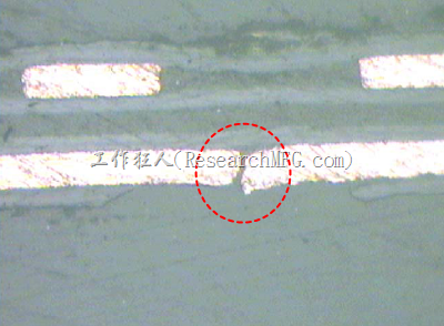 FPC铜箔线路断裂的剖面照。