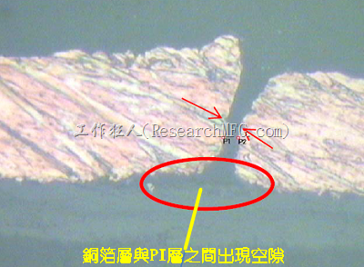 软板的铜箔曾与PI层之间出现空隙造成铜箔线路断裂。