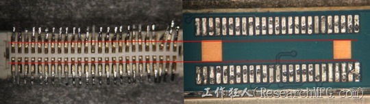 把板对板连接器与其电路板的佈线焊垫作一个比较，端子的切断面有毛边的地方刚好对到了裸铜区。